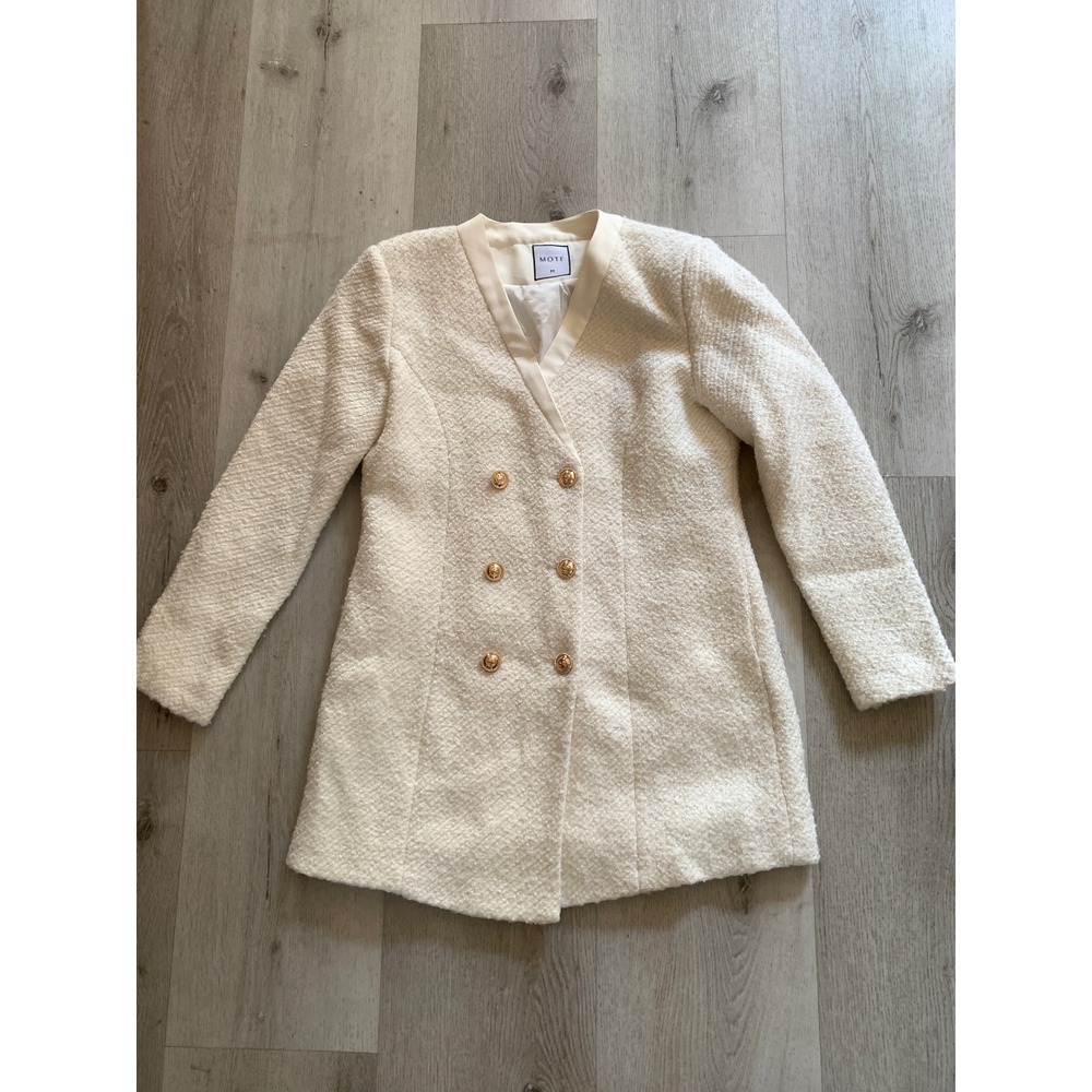 MOTF Ivory Tweed Double Breasted Coat Gold Buttons Cream Longline Blazer Size M